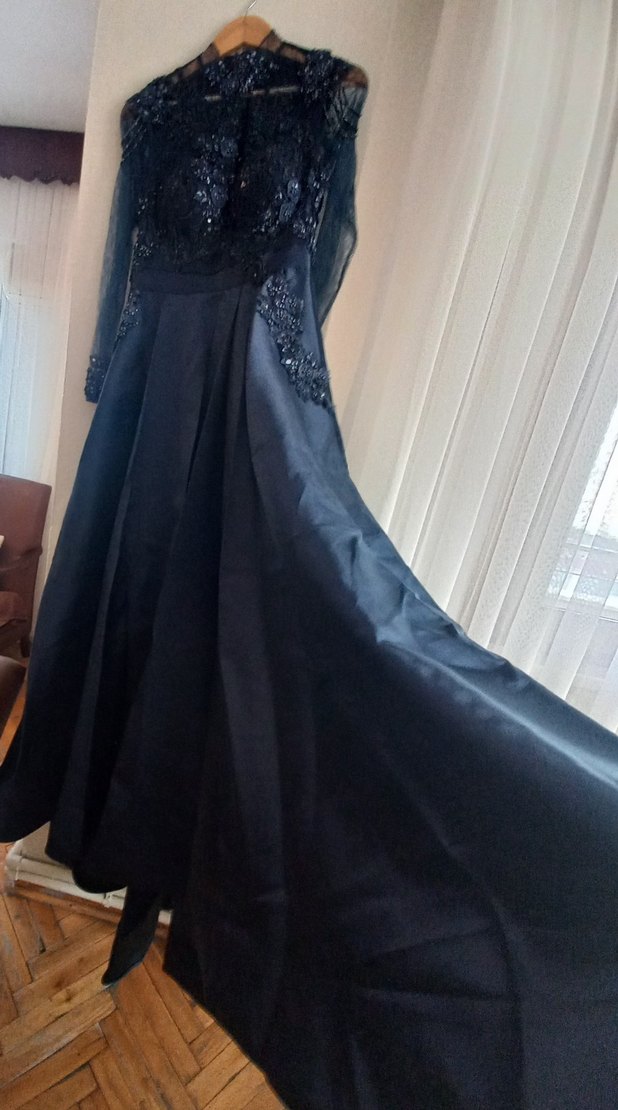 Drapeli Nakışlı lacivert Uzun Abiye Elbise - Görsel 5