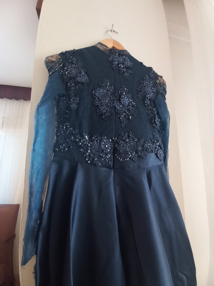 Drapeli Nakışlı lacivert Uzun Abiye Elbise - Görsel 3