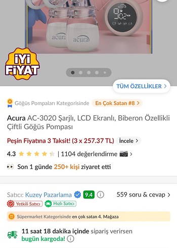 Acura AC-3020 Dijital İkili Şarjlı Göğüs Pompası