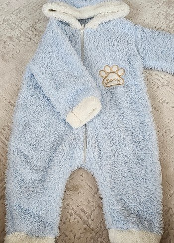 Mavi Peluş Bebek Tulumu Kapüşonlu - Görsel 2