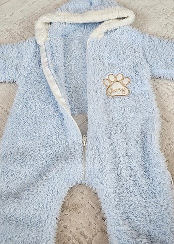Mavi Peluş Bebek Tulumu Kapüşonlu - Görsel 5