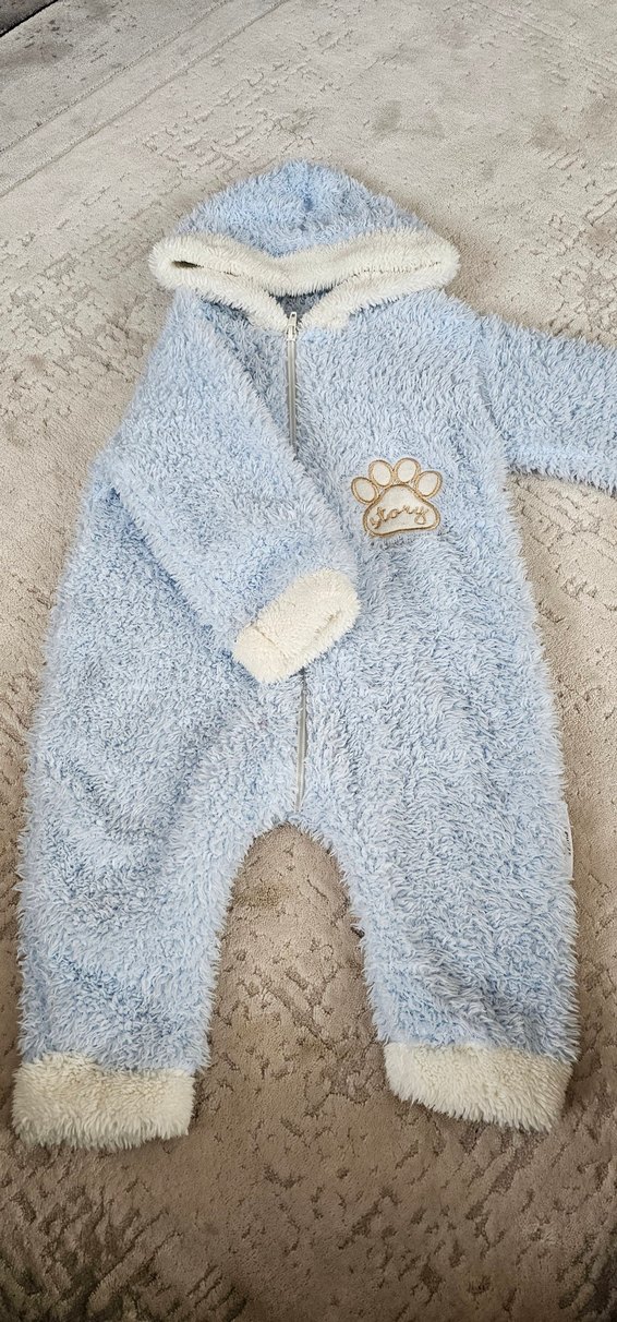 Mavi Peluş Bebek Tulumu Kapüşonlu - Görsel 2