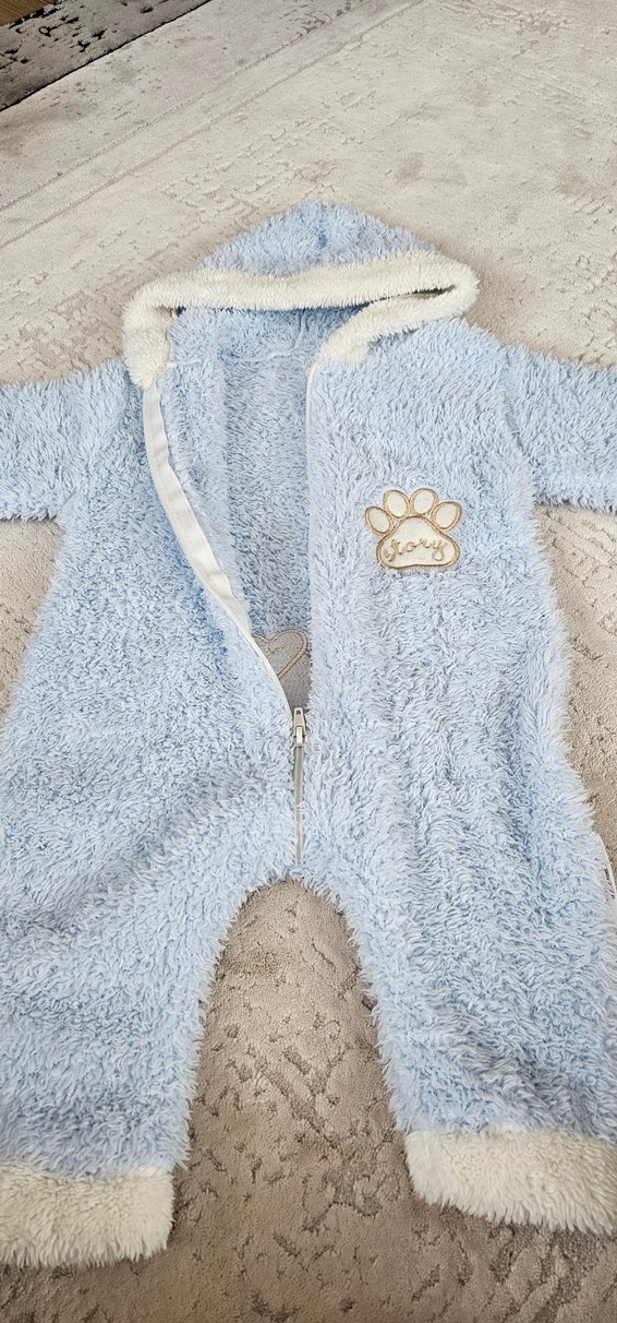 Mavi Peluş Bebek Tulumu Kapüşonlu - Görsel 5