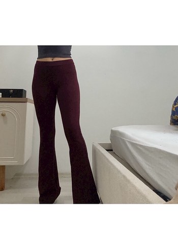 Bordo Kadın Midi Yırtmaçlı İspanyol Paça Pantolon - Görsel 7