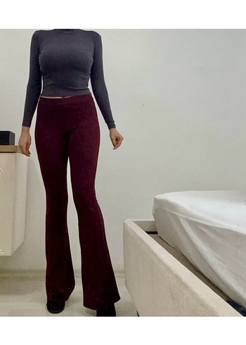 Bordo Kadın Midi Yırtmaçlı İspanyol Paça Pantolon - Görsel 6