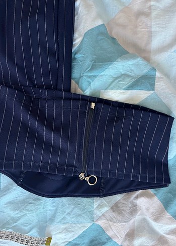 Kadın Lacivert Çizgili Midi Pantolon ve crop takım - Görsel 5