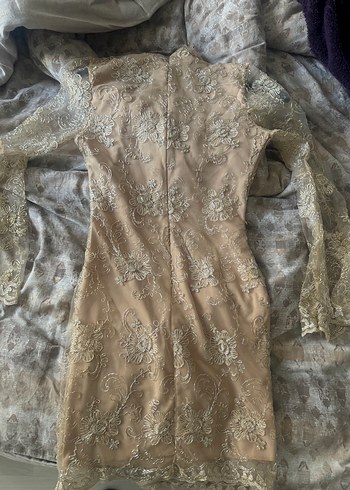 Dantel İşlemeli Bej Vintage Uzun Kollu Elbise - Görsel 2