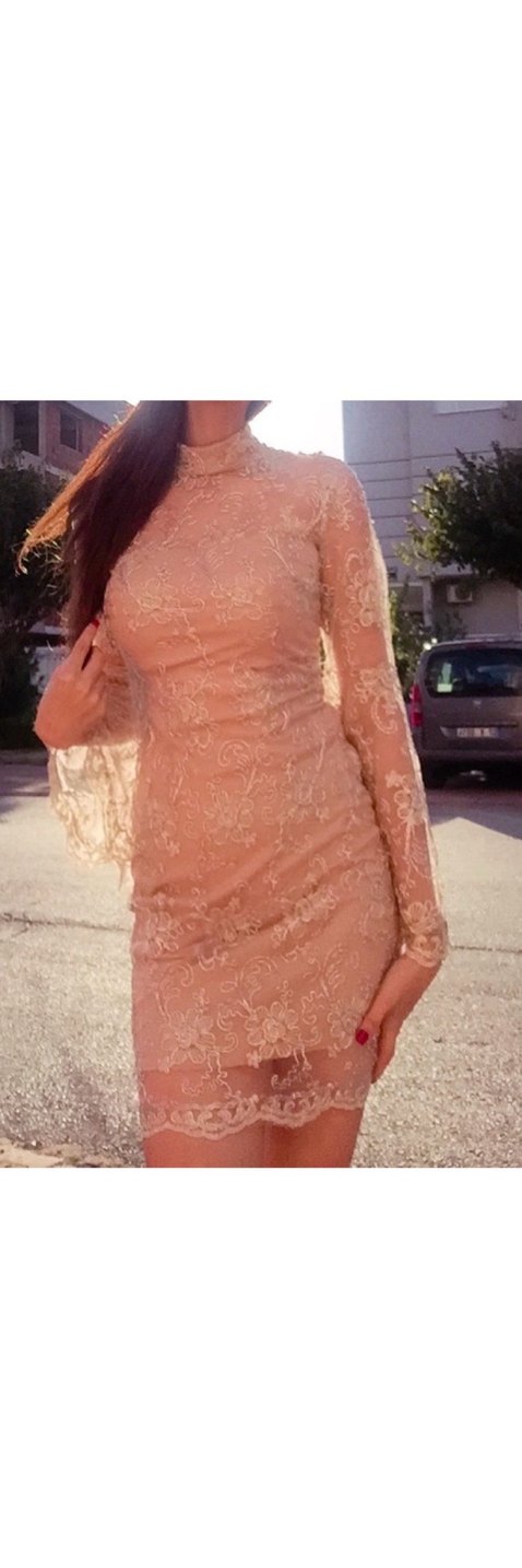 Dantel İşlemeli Bej Vintage Uzun Kollu Elbise - Görsel 4