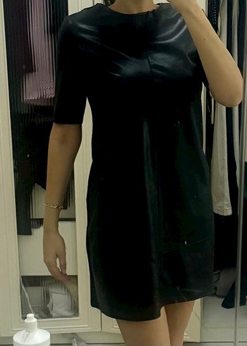 Siyah Deri Midi Elbise, Kısa Kollu, Regular Fit - Görsel 4