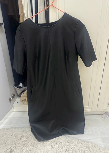 Siyah Deri Midi Elbise, Kısa Kollu, Regular Fit - Görsel 2