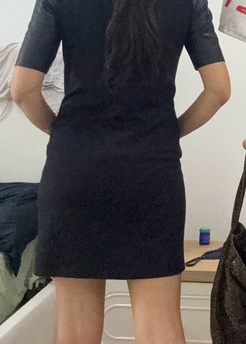 Siyah Deri Midi Elbise, Kısa Kollu, Regular Fit - Görsel 7