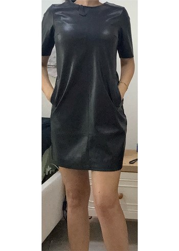 Siyah Deri Midi Elbise, Kısa Kollu, Regular Fit - Görsel 8