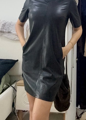 Siyah Deri Midi Elbise, Kısa Kollu, Regular Fit - Görsel 6