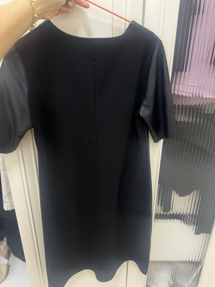 Siyah Deri Midi Elbise, Kısa Kollu, Regular Fit - Görsel 5