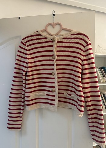 Çizgili Beyaz Kadın Hırka - Görsel 8