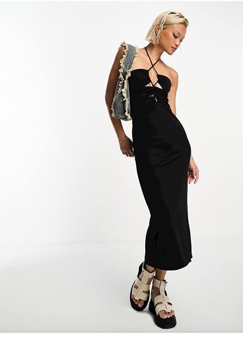 Siyah Drapeli midi Elbise bershka cut out detay