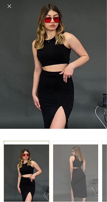 Kırmızı yırtmaçlı etek ve crop takım