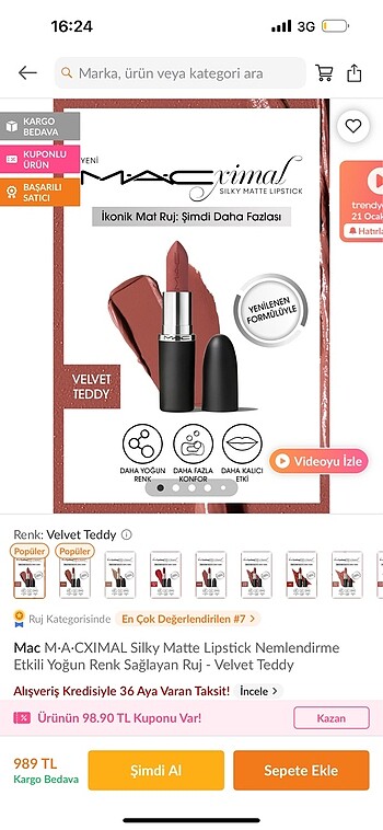 MAC Mac velvet teddy mat ruj pembe