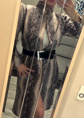 Yılan Desenli Uzun Gri trenckot - Görsel 5