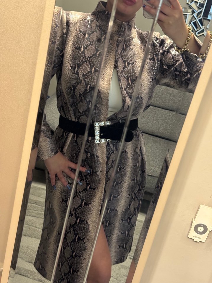 Yılan Desenli Uzun Gri trenckot - Görsel 5