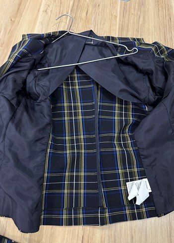 Lacivert Ekose Düğmeli Kadın Blazer iki takim - Görsel 6