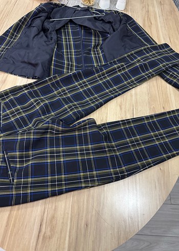 Lacivert Ekose Düğmeli Kadın Blazer iki takim - Görsel 4