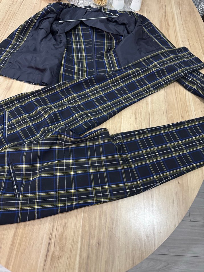 Lacivert Ekose Düğmeli Kadın Blazer iki takim - Görsel 4