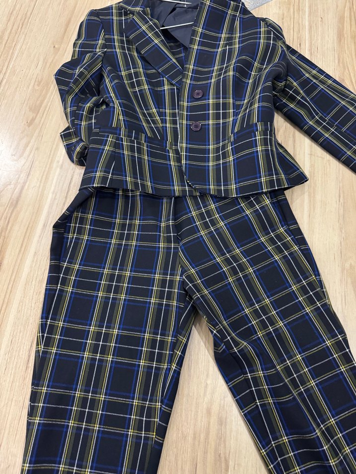 Lacivert Ekose Düğmeli Kadın Blazer iki takim - Görsel 3