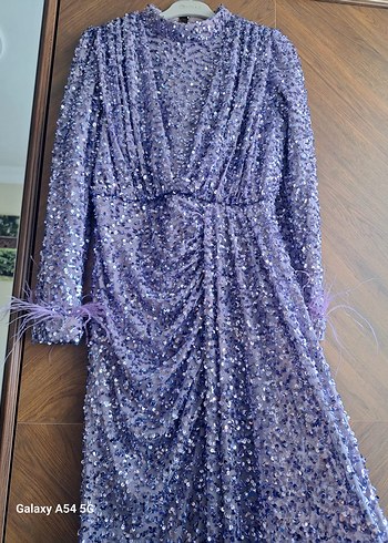 Mor Uzun Kollu Bağlamalı Abiye Elbise - Görsel 4