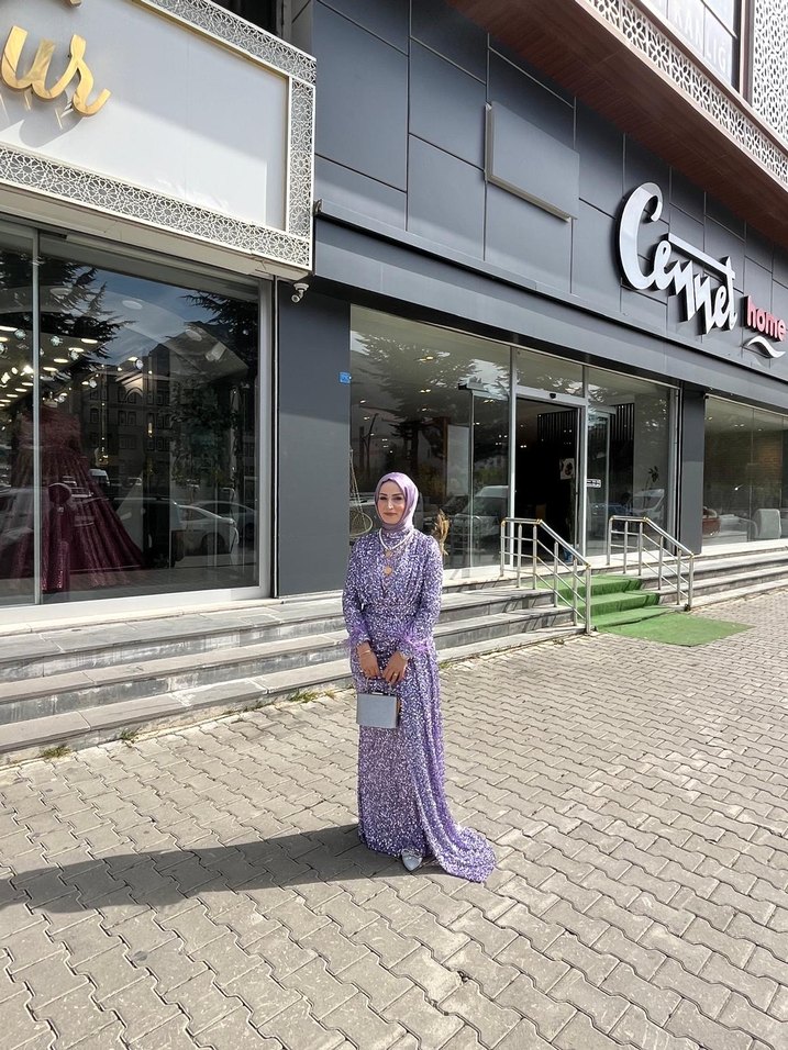 Mor Uzun Kollu Bağlamalı Abiye Elbise - Görsel 2