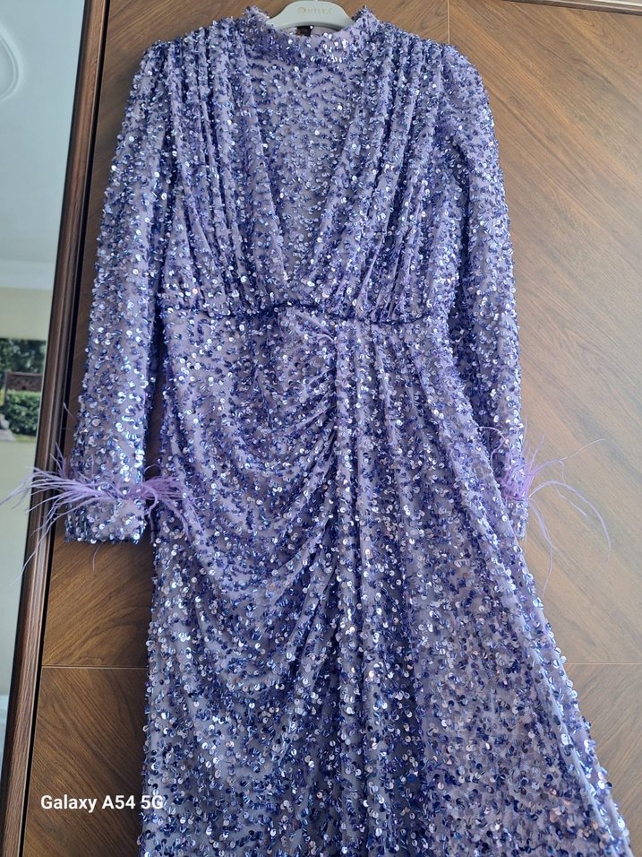 Mor Uzun Kollu Bağlamalı Abiye Elbise - Görsel 4