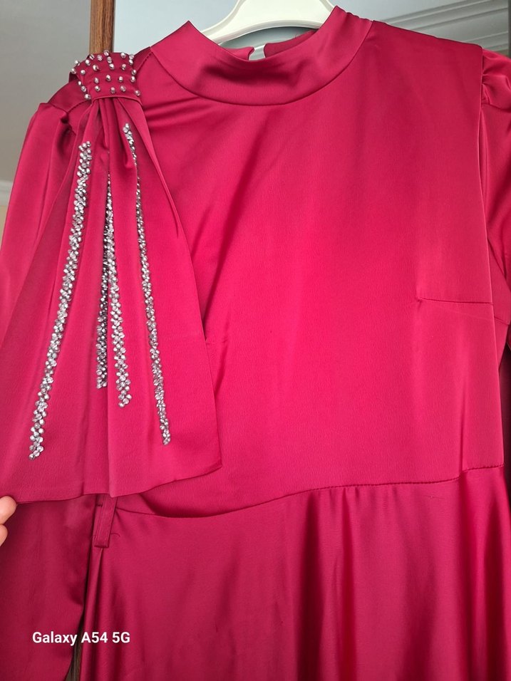 Bordo Uzun Kollu Drapeli Abiye Elbise - Görsel 2