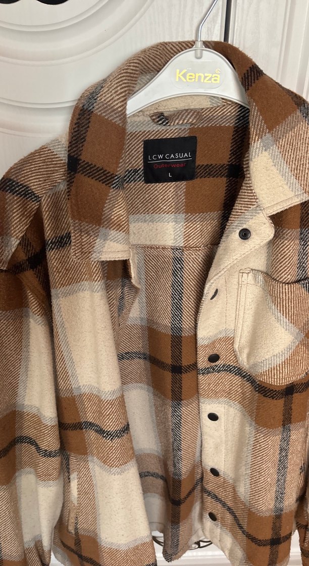 Düğmeli Kahverengi Ekose Kadın Gömlek - Görsel 2