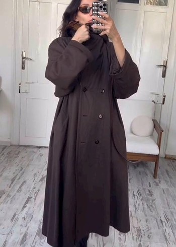 l Beden Kahverengi Deri Uzun Kadın Trençkot
