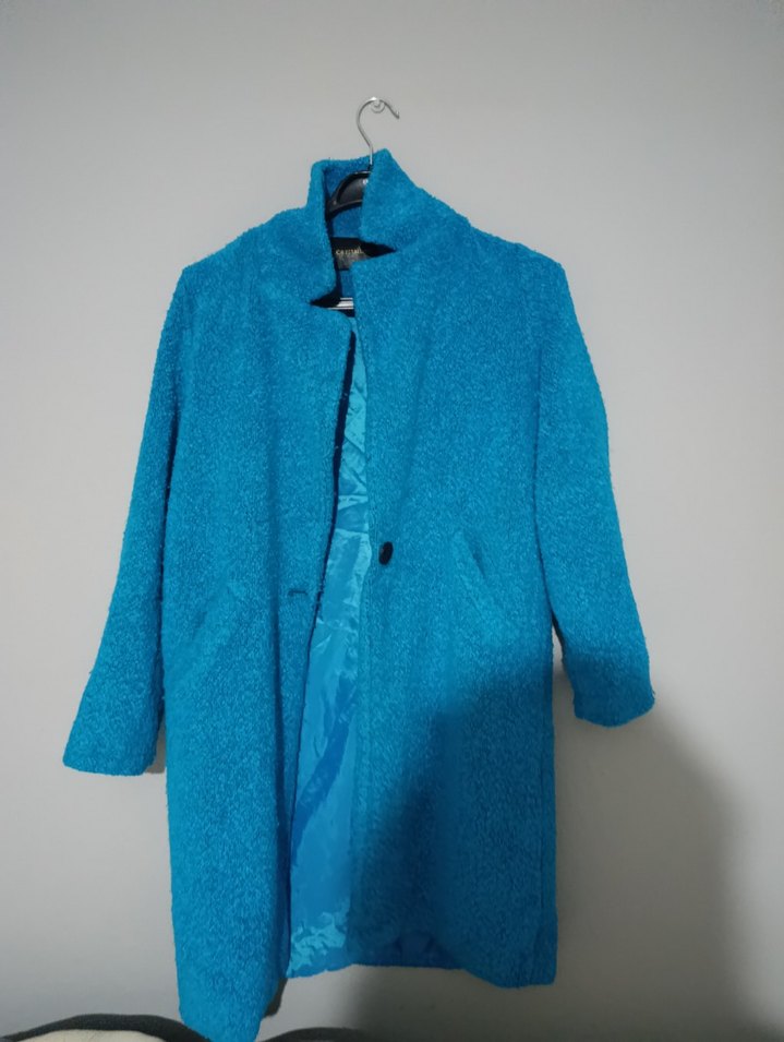 Düğmeli Mavi Kadın Uzun Kaban - Görsel 3