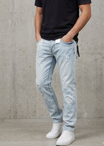 Guess Acik Mavi Slim Fit Yirtik Denim Jean
