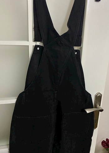 Kadın Siyah Denim Midi Askılı Salopet - Görsel 3