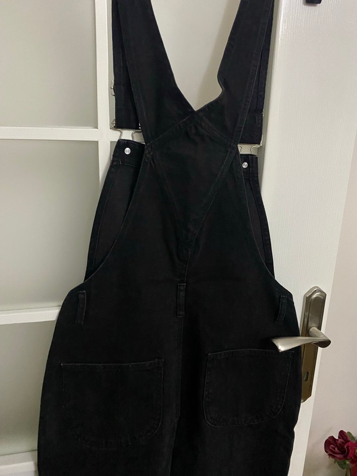 Kadın Siyah Denim Midi Askılı Salopet - Görsel 3