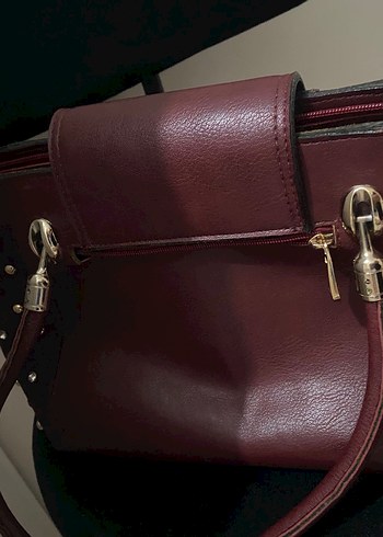 Bordo Deri Kadın Çanta Fermuarlı - Görsel 3