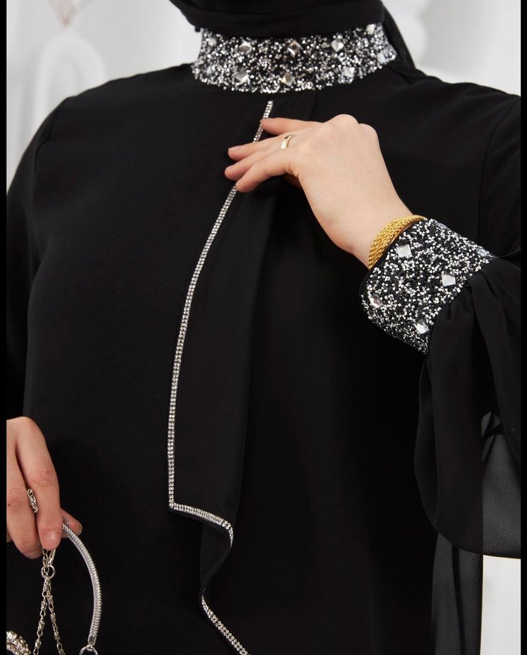 Payetli Siyah Tesettür Uzun Elbise - Görsel 2