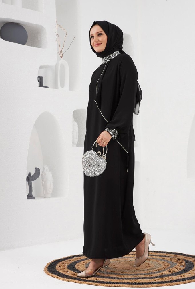 Payetli Siyah Tesettür Uzun Elbise - Görsel 4