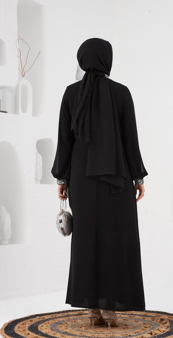 Payetli Siyah Tesettür Uzun Elbise - Görsel 3