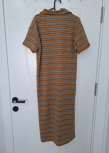 Zara V Yaka Çizgili Kahverengi Triko Elbise