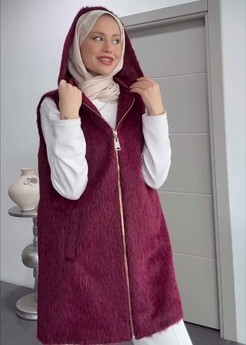 Kürklü Kapüşonlu Bordo Kadın Yelek - Görsel 2