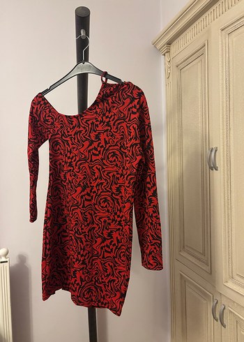 Desenli Kırmızı Uzun Kollu Mini Elbise KOTON - Görsel 3