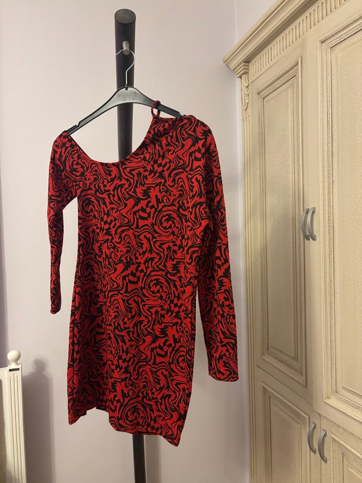 Desenli Kırmızı Uzun Kollu Mini Elbise KOTON - Görsel 3