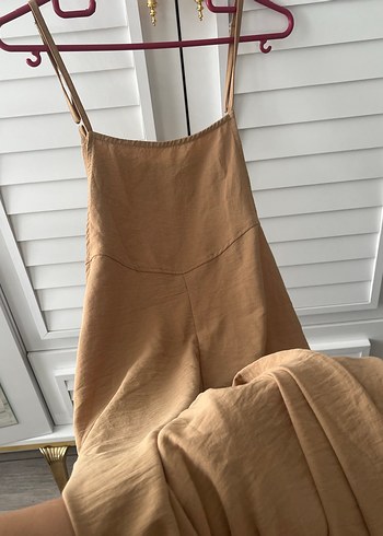 Bej Keten Askılı Midi Tulum - Görsel 2