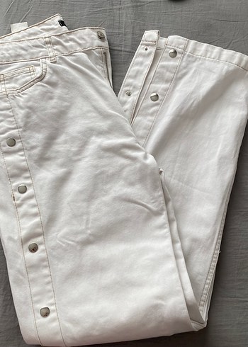 Düğmeli Beyaz Kadın Denim Pantolon