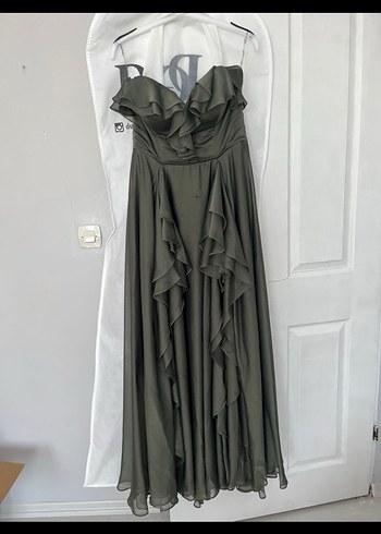 Straplez Drapeli Uzun Haki Abiye Elbise - Görsel 2