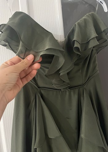 Straplez Drapeli Uzun Haki Abiye Elbise - Görsel 4